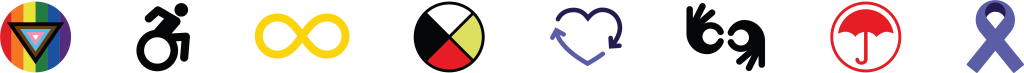 inclusion icons including the following: the progressive plate flag, accessibility, autism, the medicine wheel, the disability and neurodiversity framework heart, sign language and the deaf community, protection, anti discrimination and solidarity for those involved in the sex trade, domestic and gender-based violence